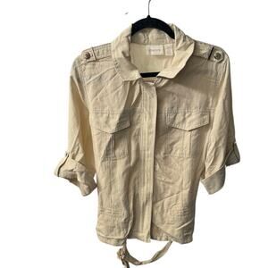 Chico's Full Zip Belted Safari Blouse Size 2 Beige Tencel Linen Blend